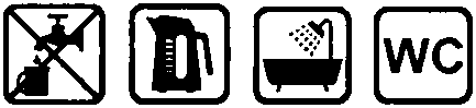 Piktogram 4 ikony: ikona pierwsza: przekreślony kran i kubek, ikona druga: czajnik, ikona trzecia: wanna, ikona czwarta: WC